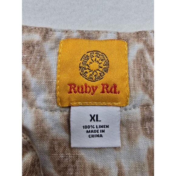 Ruby Rd. Womens XL 100% Linen Beige/Brown Printed V-Neck 3/4 Sleeve Top - Picture 2 of 3